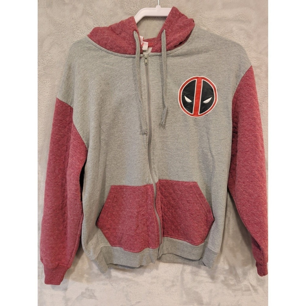 Marvel Deadpool Zip Hoodie Mens L Gray Red Logo Full Zip Pockets